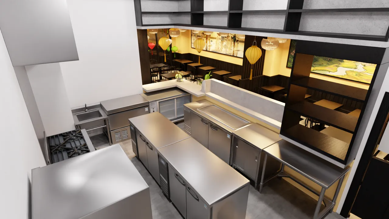 バインミーシンチャオ大船店の厨房エリアの3Dレンダリング。BMXCフランチャイズチームが直接設計・制作。出典: BTK