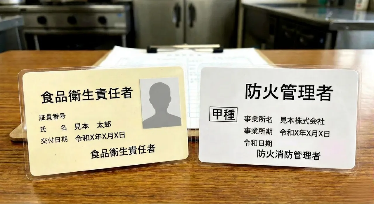 日本の食品衛生責任者証（左）と防火管理者証（右）の見本。出典：Gemini