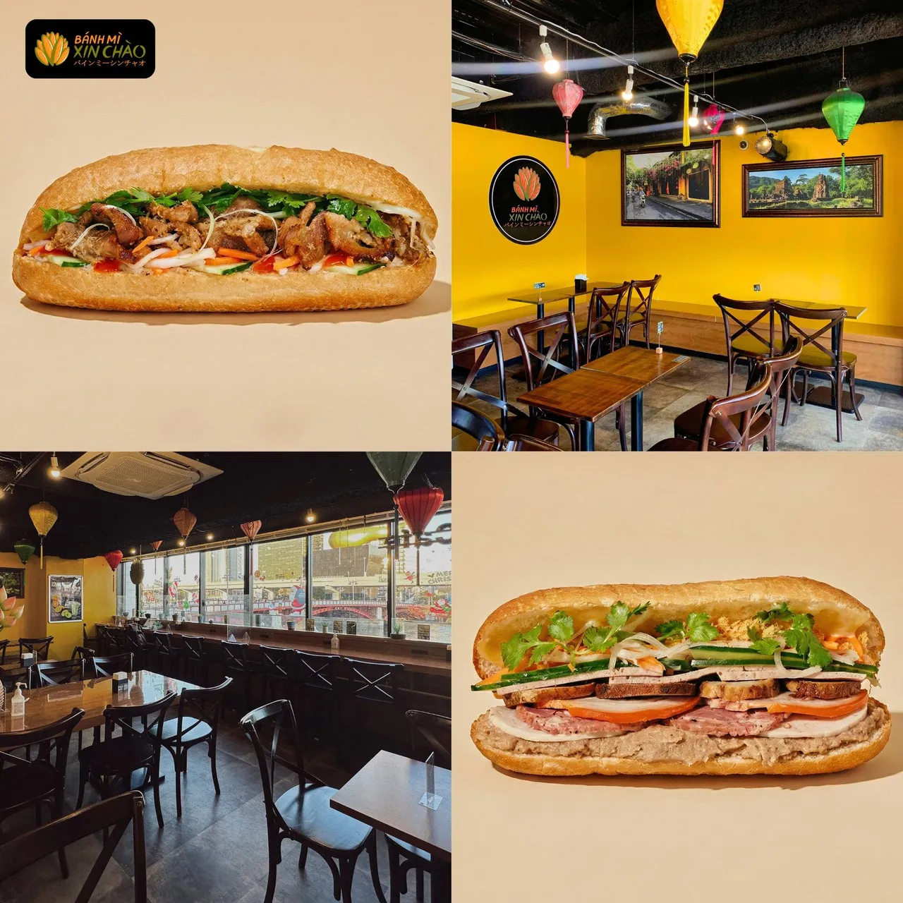 The space overlooking the Sumida River at Banh Mi Xin Chao Asakusa, accompanied by Grilled Pork Banh Mi (top left) and Saigon Banh Mi (bottom right). Photo: Quy Dang - BMXC