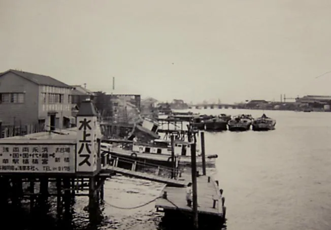 Water bus station on the Sumida river (circa 1950s), the waterway linked to the founding of Senso-ji temple. Source: Ocean Dictionary