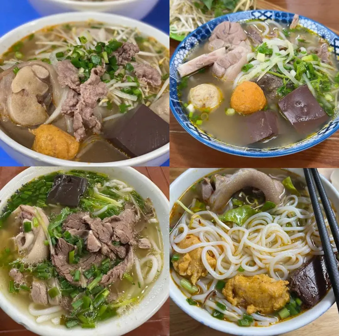 ハノイ市の実店舗でのブンボーフエ（BBH）。上から下、左から右の順：BBH Minh Ngọc（バーディン区）、Bún bò gốc Huế（カウゼイ区）、BBH O Xuân（ホアンキエム区）、BBH Huyền Anh 2（ハイバーチュン区）。出典：Google Maps