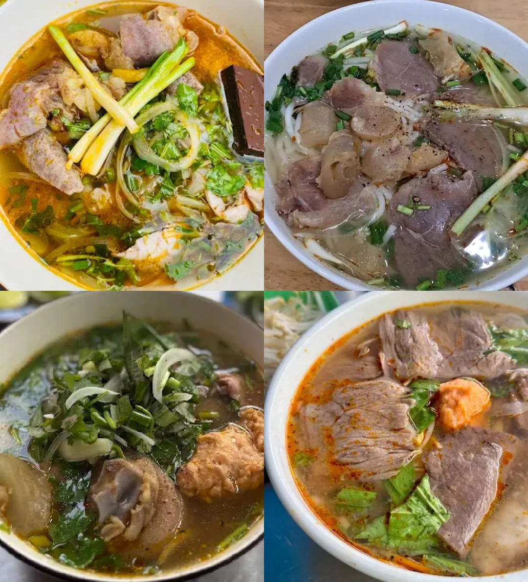 ホーチミン市の実店舗でのブンボーフエ（BBH）。上から下、左から右の順：BBH Thảo（フーニュアン区）、BBH O Châu（タンフー区）、Bún bò O Tấm（タンビン区）、BBH 14b（4区）。出典：Google Maps